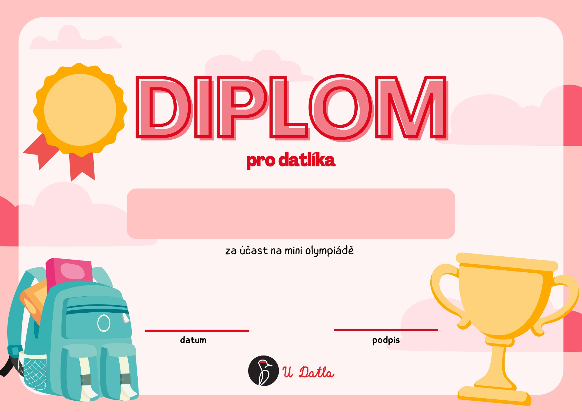 Diplom ke Dni dětí jako odměna za splnění všech úkolů na olympiádě